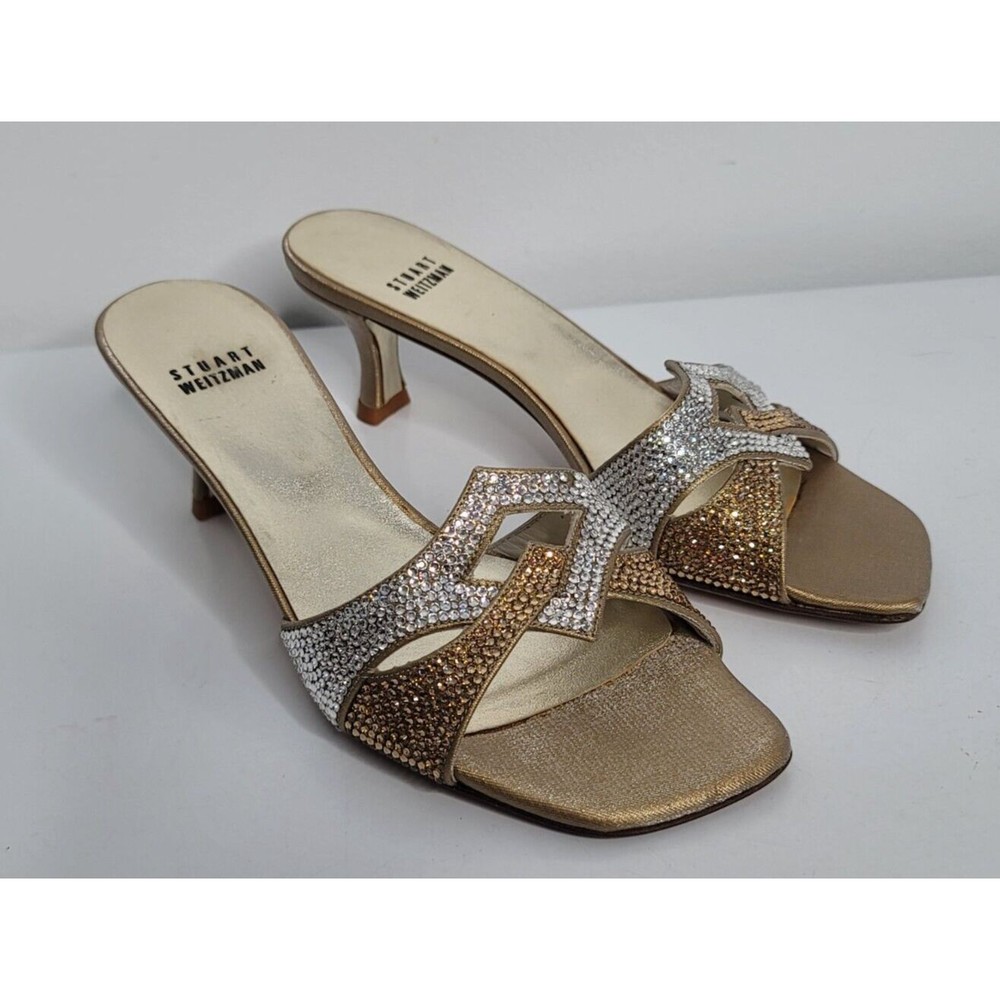 Stuart Weitzman Womens Gold White Rhinestone Kitten‎ Heels SZ 6.5 Slide Sandals